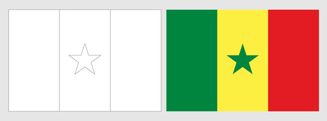 Senegal flag - coloring page. Set of white wireframe thin black outline flag and original colored flag.