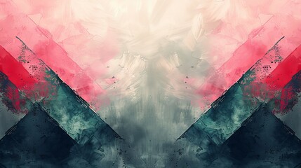 An abstract art background modern with brushstrokes and geometric pattern in pink, green, and gray.