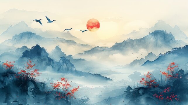 A landscape of abstract art with mountains, ocean and seas with a hand-drawn wave background with cranes and clouds. Blue watercolor clouds with a vintage texture.