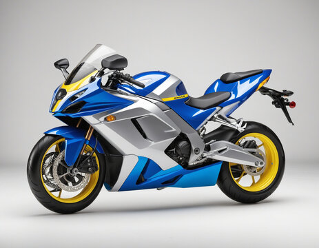 Blue super sport motorbike with yellow and silver panel on isolated clear background, ready for object and retouch design colorful background