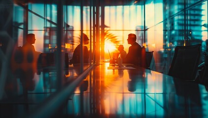 A blurred background of business people in a office meeting room, sitting around the table and discussing ideas. The focus is on their silhouettes against the glass wall behind them - Powered by Adobe