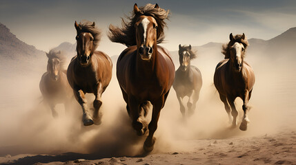 horse in the desert, A herd of horses running in the dust
 - obrazy, fototapety, plakaty