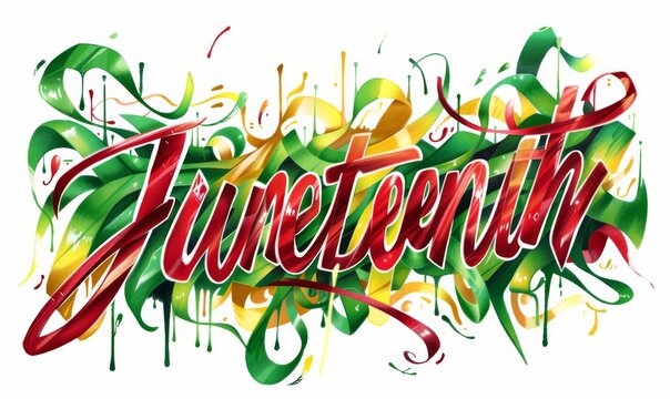 Juneteenth - lettering on abstract painted splash background. Modern calligraphy handlettering. Freedom Day concept.