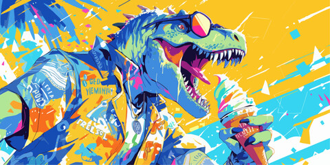Obraz premium Cool T-Rex: Humanized Dinosaur Wearing Sunglasses Enjoying Ice Cream