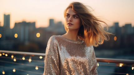 young woman in a pink shiny sweater with sequins and a long skirt against the background of the city, morning light, urban landscape, portrait, fashion, model, dress, girl - obrazy, fototapety, plakaty