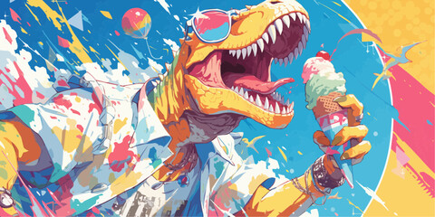Cool T-Rex: Humanized Dinosaur Wearing Sunglasses Enjoying Ice Cream