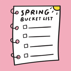 Template. Sticker. Spring bucket list. Flat vector hand drawn illustration on pink background.