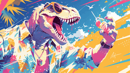 Cool T-Rex: Humanized Dinosaur Wearing Sunglasses Enjoying Ice Cream