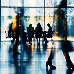 A blurred background of business people in a office meeting room, sitting around the table and discussing ideas. The focus is on their silhouettes against the glass wall behind them
