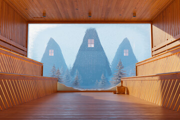 Expansive Wooden Interior with a Breathtaking Window View of a Snowy Forest