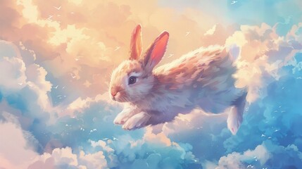 Watercolor painting of a rabbit jumping on an abstract cloud. Rabbits are herbivores only. They like to jump, run around, dig in the ground, and lie down with their legs stretched out. - obrazy, fototapety, plakaty