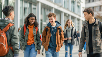 Young multiracial friends having fun walking outside of school building - University and campus lifestyle concept - Models by AI generative.
