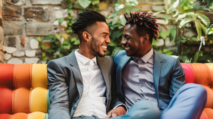 African men couple getting married while having tender moment on rainbow color sofa - Homosexual love and LGBT concept - Models by AI generative