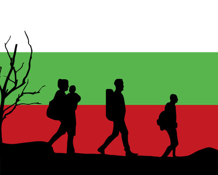 Immigration and refugees front of Bulgaria flag, immigrant and refugee concept