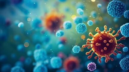 Macro shot of different types of microbes. Virus cells and bacteria on abstract background