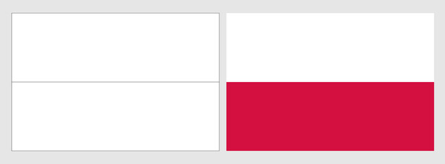 Poland flag - coloring page. Set of white wireframe thin black outline flag and original colored flag.