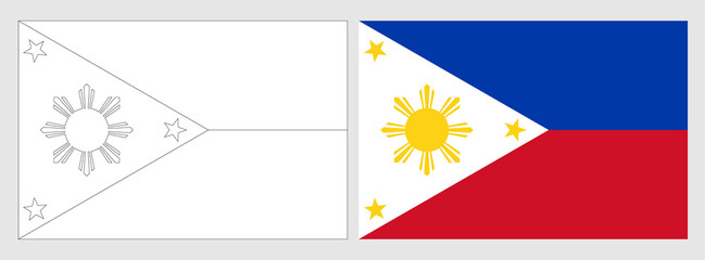 Philippines flag - coloring page. Set of white wireframe thin black outline flag and original colored flag. - 767076363