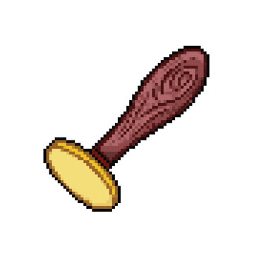 recommend clip art: Golden stamp tool with wooden handle. Pixel art retro vintage video game bit vector illustration. Simple flat drawing isolated on square white background.