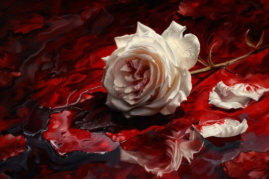 Bloodstained white rose in crimson pool, striking contrast of purity and violence, dark conceptual still life, digital painting