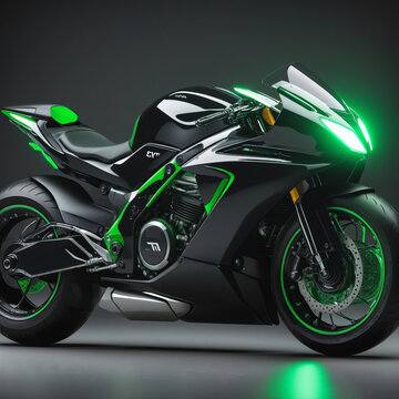 Futuristic Black and Green Sports Motorcycle colorful background