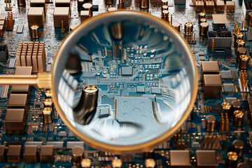 Detailed Examination of Electronic Circuit Board Through Magnifying Glass