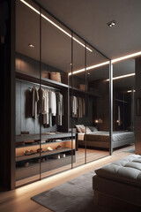 Contemporsry style wardrobe interior with wooden furniture in modern house.