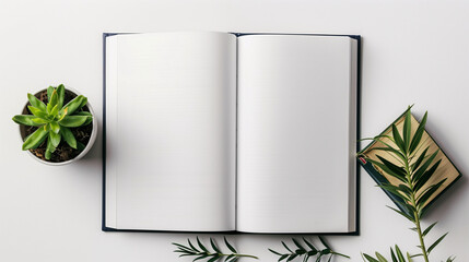 Mock-up of blank pages of an open notebook with copy-space for text on a plain white background. White book cover in modern style with clear white paper and succulent.