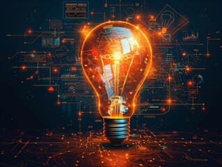 Creative marketing plan concepts visualized by a luminous light bulb entwined with futuristic infographics and icons  - obrazy, fototapety, plakaty