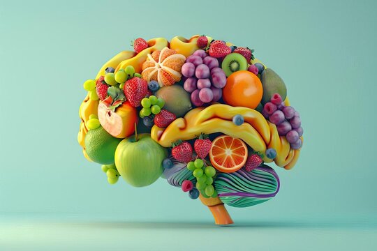 Brain made of fruits, healthy living and eating concept, 3D illustration