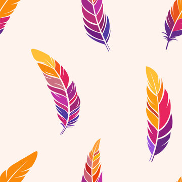 Feathers seamless vector color pattern. Yellow, red, orange, purple color feathers. Vector colorful flat design pattern. Bird feathers vector seamless pattern.