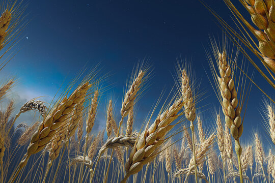 Enchanting View of Golden Wheat Stalks Illuminated by a Mesmerizing Starry Sky