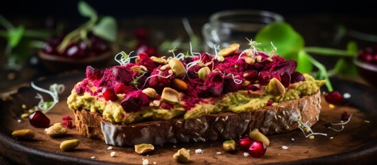 A plantbased sandwich featuring avocado, cranberries, and pistachios beautifully arranged on a wooden cutting board. A colorful dish with magenta flowers as garnish