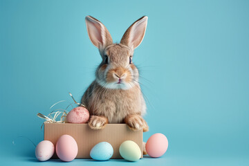 Fototapeta na wymiar Funny Easter Holiday Greeting Card Cool Cute Easter Bunny Rabbit Sitting in Gift Box with Pastel Easter Eggs, Isolated on Blue Background