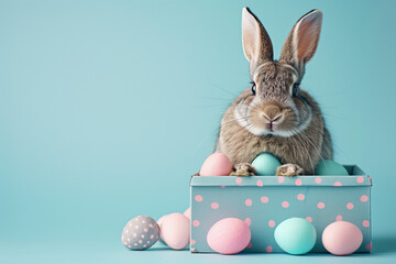 Funny Easter Holiday Greeting Card Cool Cute Easter Bunny Rabbit Sitting in Gift Box with Pastel Easter Eggs, Isolated on Blue Background