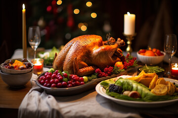 Thanksgiving with a delightful dinner celebration, featuring festive food and joyful gatherings - obrazy, fototapety, plakaty