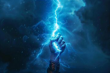 Symbolic Power Hand Holding Up Lightning Bolt with Stormy Background, Blue Glow, and Associations with Energy, Power, and Mythological Figures like Zeus and Thor - obrazy, fototapety, plakaty