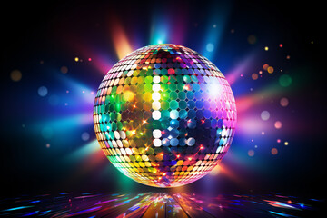 Fototapeta na wymiar A dazzling disco ball hangs above a dark dance floor, casting colorful reflections of light