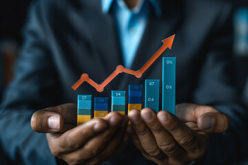 Business Growth and Investment Businessman Holding Up Arrow Icon and Percentage with Graph Indicators for Interest Rate and Dividend, Reflecting Investment Growth, Financial Income, Marketing Strateg - obrazy, fototapety, plakaty