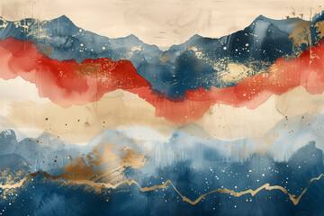Japanese Style Abstract Watercolor Background Gold, Blue, and Red Color Palette in Traditional Japanese Art
