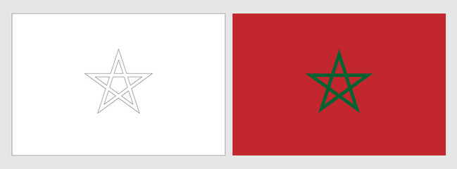 Morocco flag - coloring page. Set of white wireframe thin black outline flag and original colored flag. © pyty