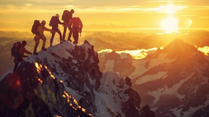 A team of mountaineers helping each other reach the top, with breathtaking mountain views and sunset in the background