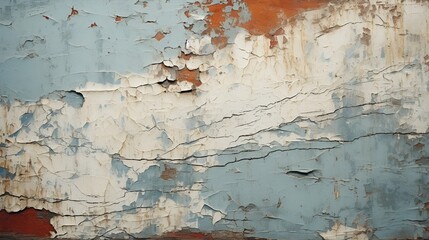 A detailed shot of a weathered brick wall with chipped paint, showcasing the intricate patterns and textures of decayed wood and metal.
