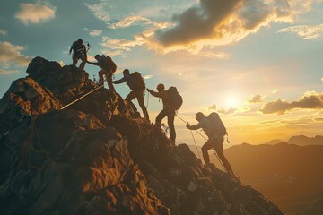 A team of mountaineers helping each other reach the top, with breathtaking mountain views and sunset in the background - obrazy, fototapety, plakaty