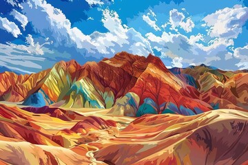 Colorful Illustration of the Stunning Zhangye Danxia Landform Geological Park in China, Digital Painting