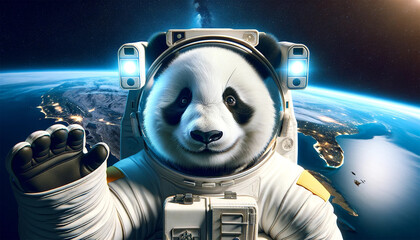 宇宙服を着て宇宙空間で手を振るパンダ - obrazy, fototapety, plakaty