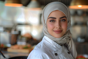 Arab woman wearing chef uniform in luxury hotel restaurant kitchen