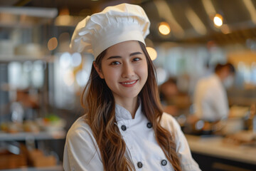 Asian woman wearing chef uniform in luxury hotel restaurant kitchen
