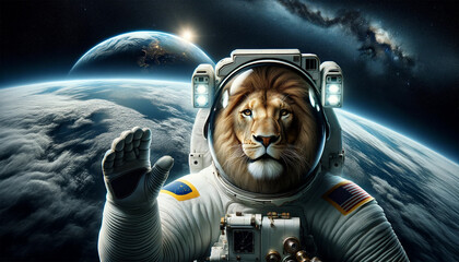 宇宙服を着て宇宙空間で手を振るライオン - obrazy, fototapety, plakaty