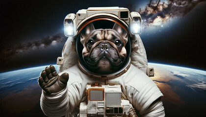 宇宙服を着て宇宙空間で手を振るフレンチブルドッグ - obrazy, fototapety, plakaty