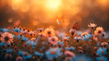 Tuinposter a butterfly is flying over a field of daisies at sunset © yuchen